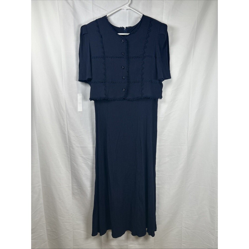 Vtg Miss Dorby Navy Blue Dress With Attached Jacket Size 14 Lace Buttons Crepe